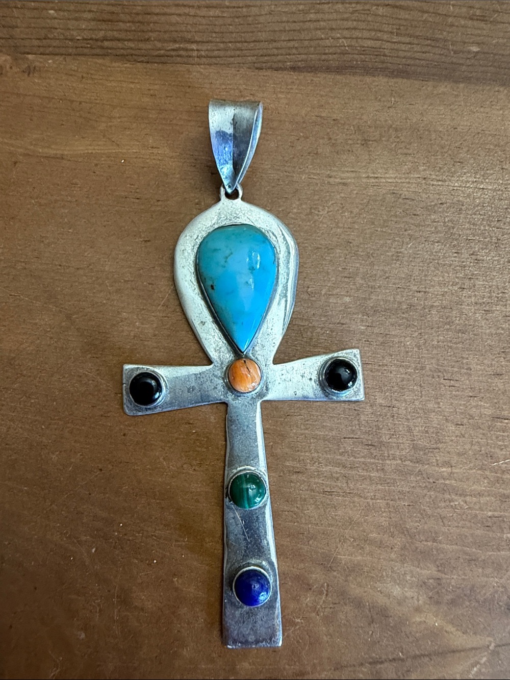 Handcrafted Silver Ankh Pendant with Turquoise and Multi-Stone Accents